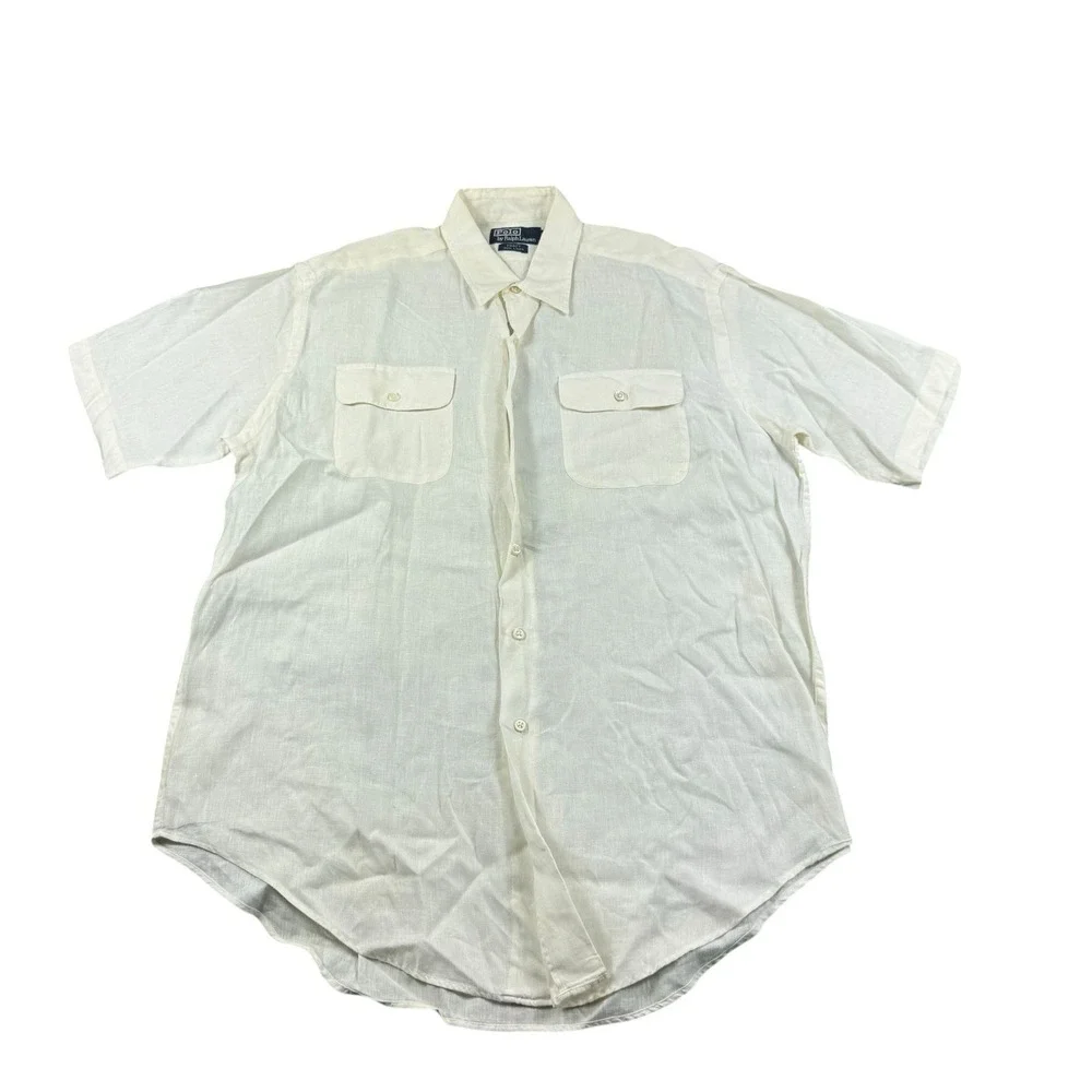 Polo Ralph Lauren VTG Pratt White Pure Linen S/S Dual Pocket Button Front Size L